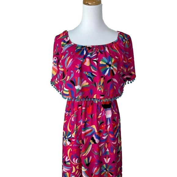 Judith March Dress Size Small Pink Parrot Tropical Maxi Off Shoulder Boho - Picture 3 of 9